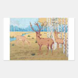 Sticker Rectangulaire Cerfs en forêt Animal Vintage