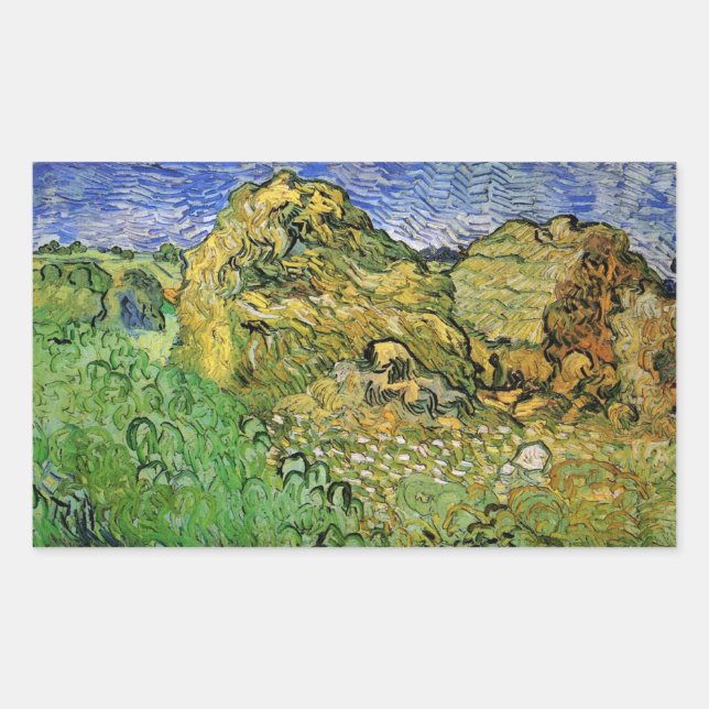 Sticker Rectangulaire Champ avec piles de blé par Vincent van Gogh (Devant)