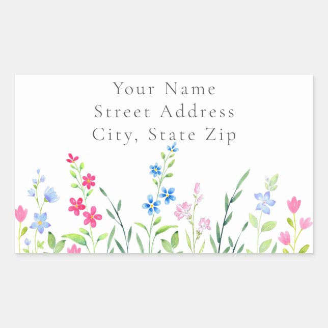 Sticker Rectangulaire Champ de Fleurs sauvages d'aquarelle mixte Étiquet (Devant)