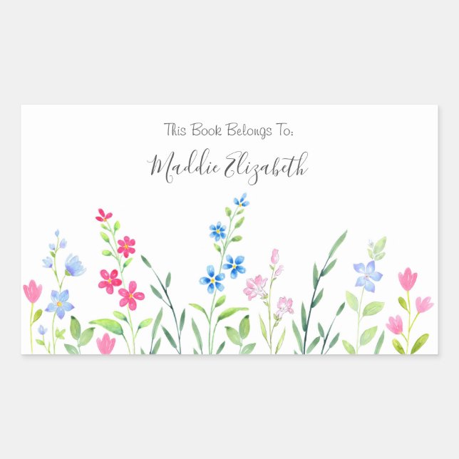 Sticker Rectangulaire Champ de Fleurs sauvages d'aquarelle mixte Étiquet (Devant)