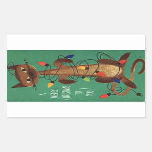 Sticker Rectangulaire Chat De Noël Vintage En Lumière