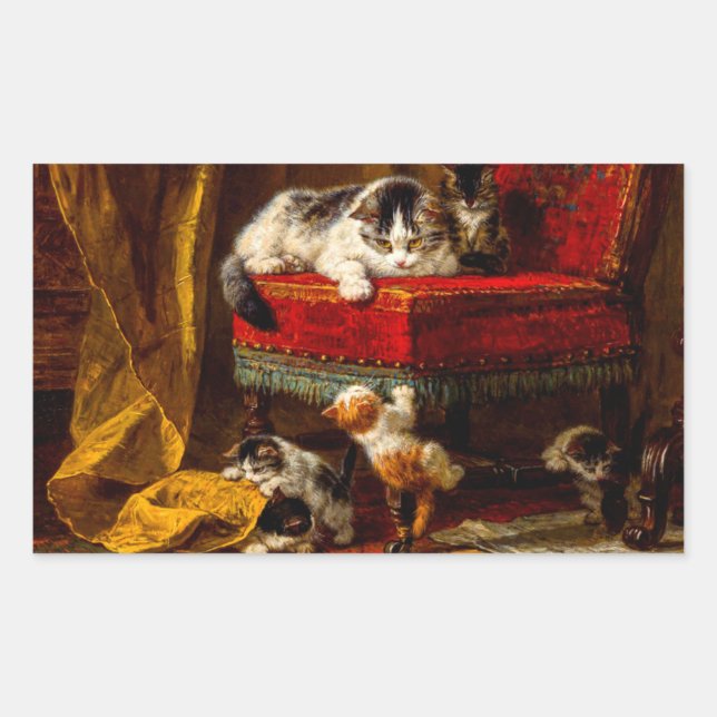 Sticker Rectangulaire Chat et chatons Jouer avec chaise (Devant)