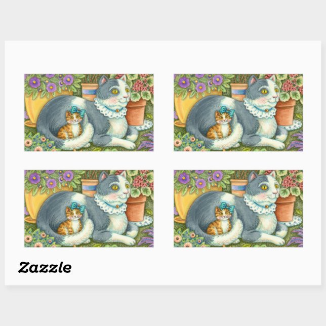 STICKER RECTANGULAIRE CHAT MÈRE ET CUISINE, FLEURS POTÉES, BOWS & LACE (Feuille)