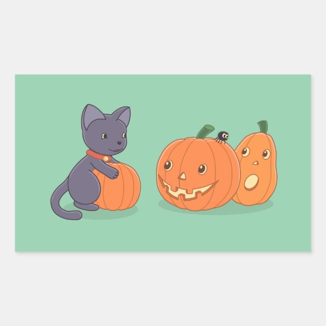 Sticker Rectangulaire Chat noir d'Halloween et Citrouilles en vert (Devant)