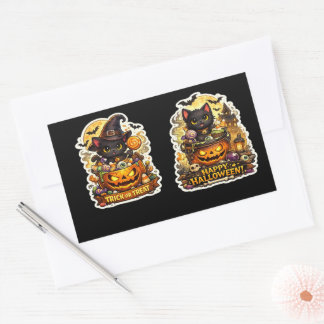 Sticker Rectangulaire 🐈‍⬛🎃 Chat Noir Sorcière – Citrouille de Hallowee