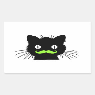 STICKER RECTANGULAIRE CHAT NOIR VINTAGE MUSTACHE VERT EN LIME FUNNY