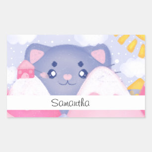 Sticker Rectangulaire Chat Whimsical et Montagnes d'hiver avec un soleil