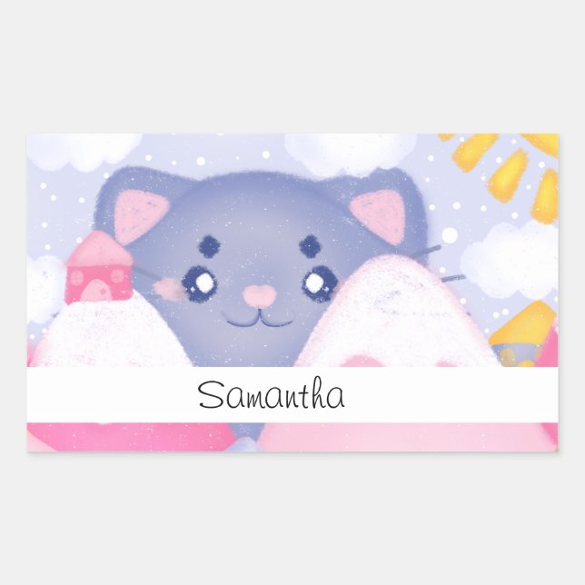 Sticker Rectangulaire Chat Whimsical et Montagnes d'hiver avec un soleil (Devant)