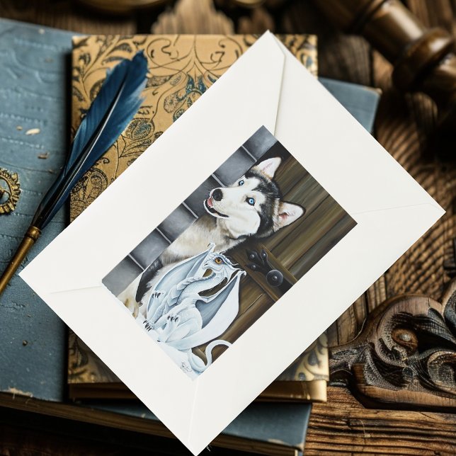 Sticker Rectangulaire Château Dragon Fantaisiste de Chien Husky d'Hiver  (Créateur téléchargé)