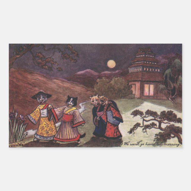 Sticker Rectangulaire Chats en Kimonos Promenade nocturne (Devant)