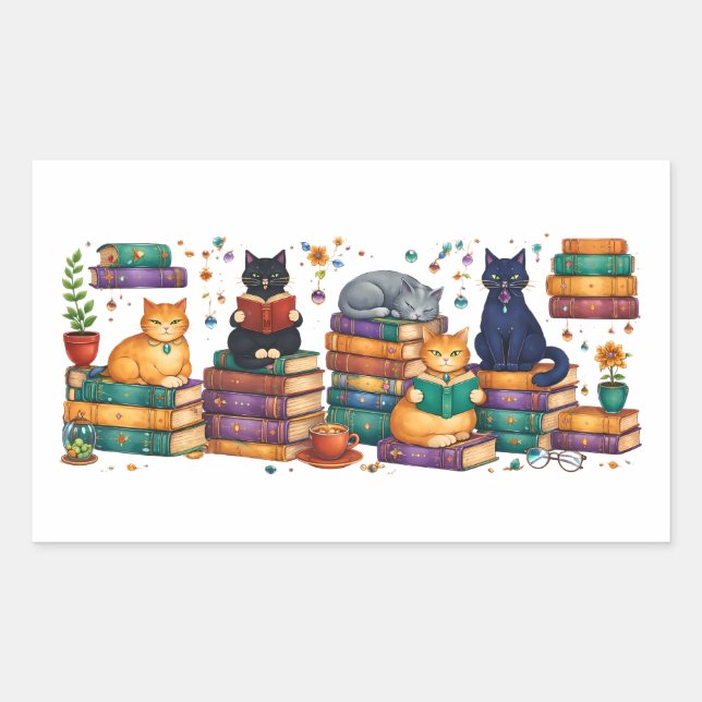 Sticker Rectangulaire Chats lisant des livres Scène de bibliothèque cosy (Devant)