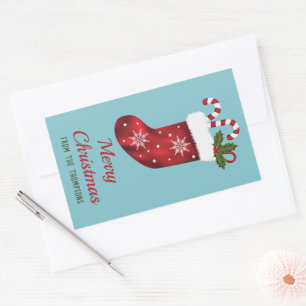 Sticker Rectangulaire Chaussette de Noël rouge sur fond bleu avec texte 