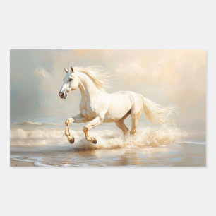 Sticker Rectangulaire Cheval Blanc courir sur la plage