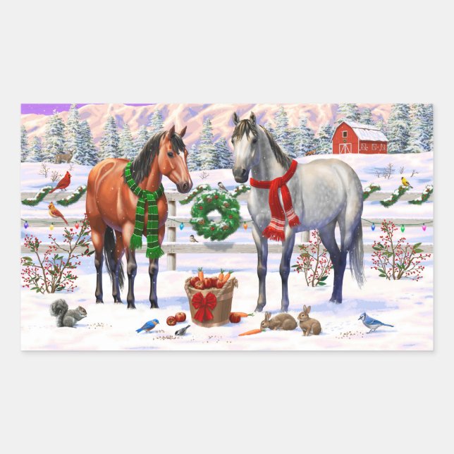Sticker Rectangulaire Chevaux de Noël en neige (Devant)