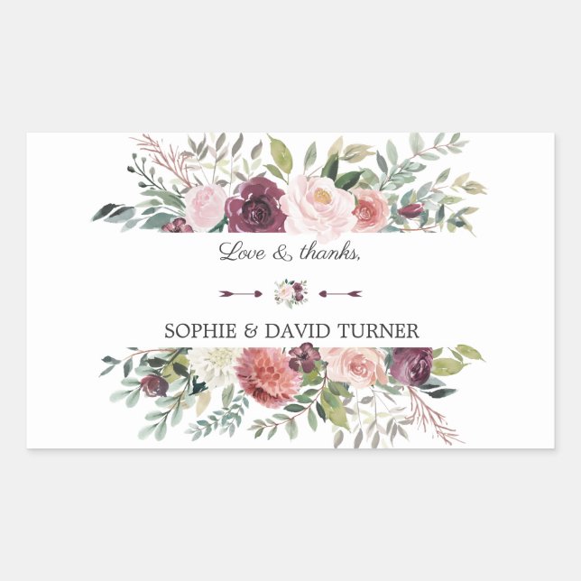 Sticker Rectangulaire Chic Bourgogne Blush Ivory Floral Mariage (Devant)