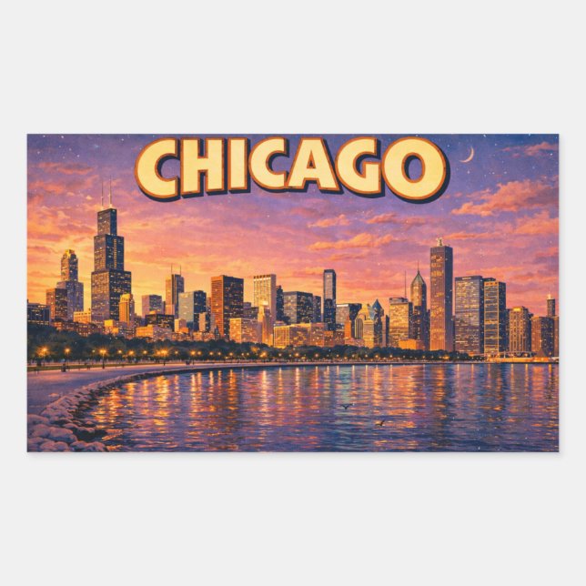 Sticker Rectangulaire Chicago skyline and Lake Michigan in the evening (Devant)