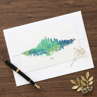 Sticker Rectangulaire Chicago Skyline Watercolor Blue Green City Art