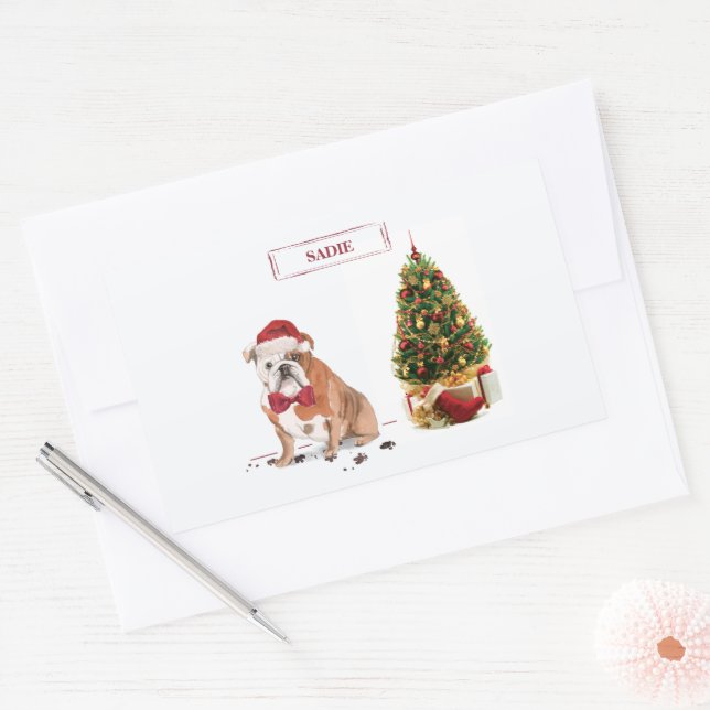Sticker Rectangulaire Chien de Noël drôle avec arbre (Enveloppe)