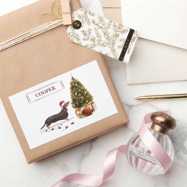 Sticker Rectangulaire Chien de Noël noir et Tan Dachshund drôle (Cadeaux)