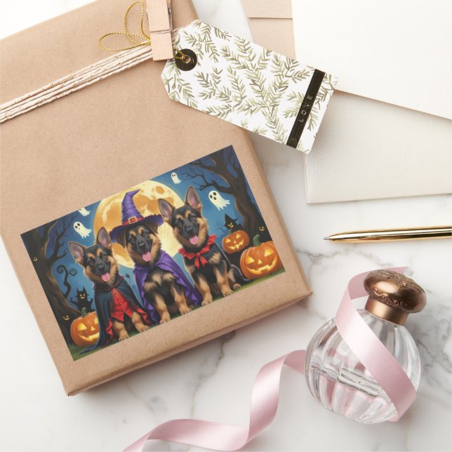 Sticker Rectangulaire Chiens bergers allemands Citrouille Halloween drôl (Cadeaux)