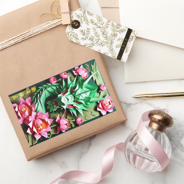 Sticker Rectangulaire Chinois Nouvel An Dragon Vert 2024 Origami RecS (Cadeaux)