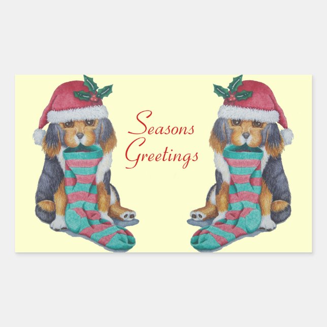Sticker Rectangulaire chiot noir et brun mignon vêtu pour noël (Devant)