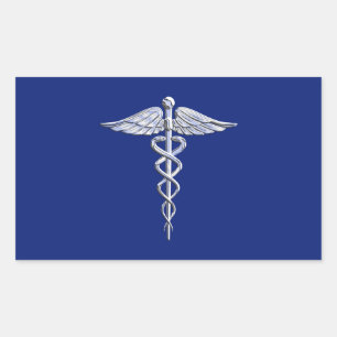 Sticker Rectangulaire Chrome Style Caduceus Symbole Médicale sur bleu ma
