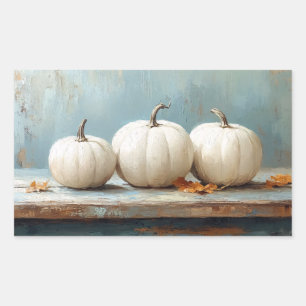 Sticker Rectangulaire Citrouilles blanches sur une table bleue vintage
