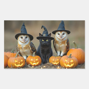 Sticker Rectangulaire Citrouilles d'Halloween avec hiboux et chat noir