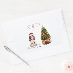 Sticker Rectangulaire Cocker Brown Spaniel drôle Chien de Noël avec arbr