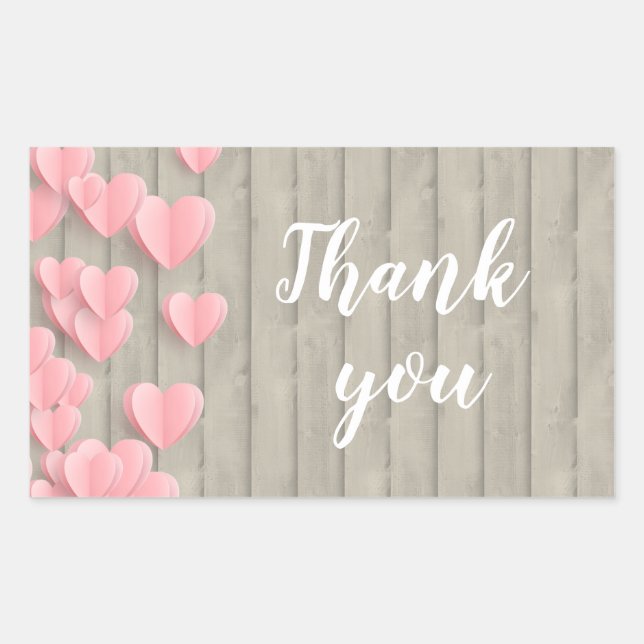 Sticker Rectangulaire Coeurs Rose Cute Sur Un Merci En Bois De Grange (Devant)