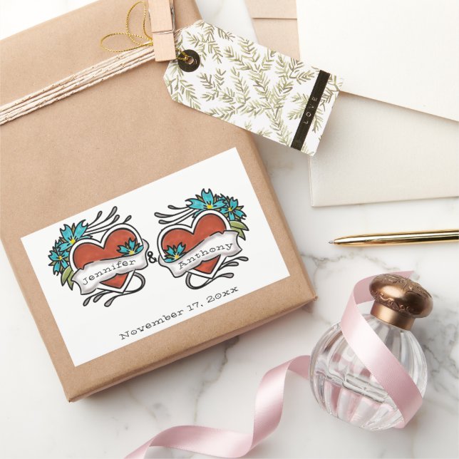 Sticker Rectangulaire Coeurs tatoués, Mariage graphique de tatouage (Cadeaux)