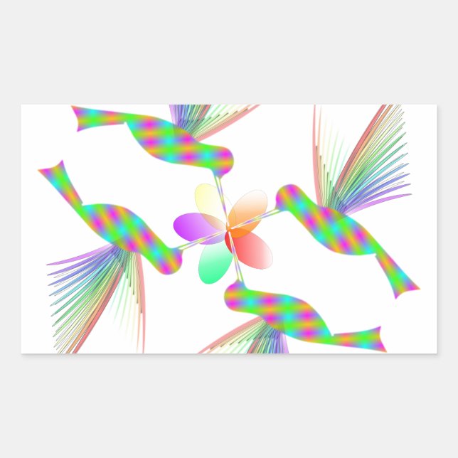 Sticker Rectangulaire Colibris Arc-En-Ciel Embrasser Une Fleur (Devant)