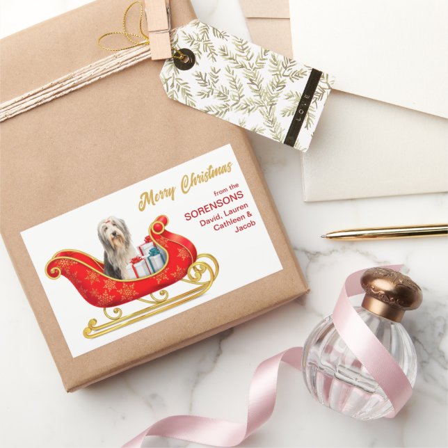 Sticker Rectangulaire Collie Chien de Noël Sleigh (Cadeaux)