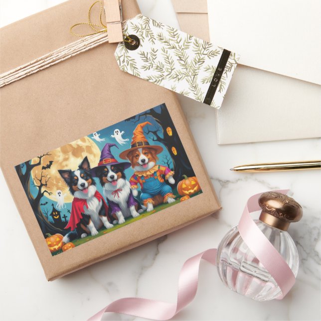 Sticker Rectangulaire Collies frontalières Chiens Citrouille Halloween D (Cadeaux)