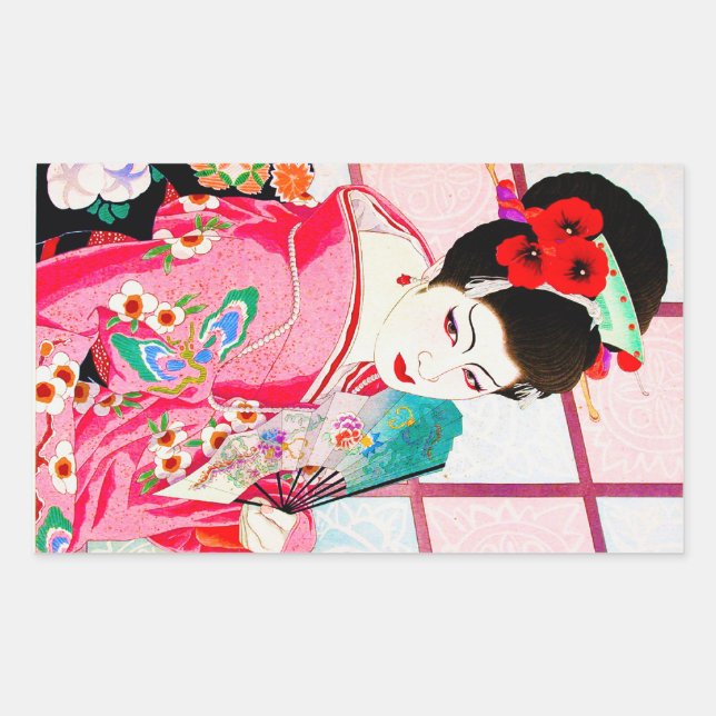 Sticker Rectangulaire Cool beauté japonaise Lady Geisha rose Fan art (Devant)