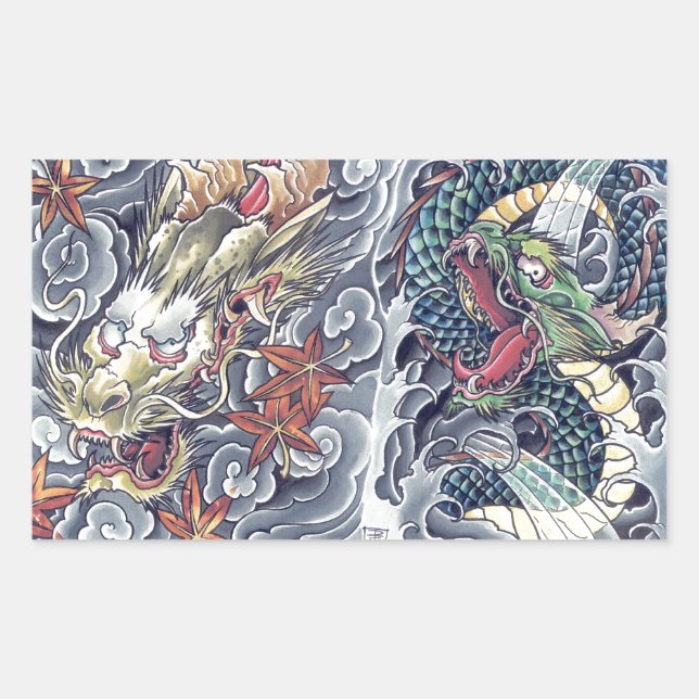 Sticker Rectangulaire Cool oriental dragon god tatouage (Devant)