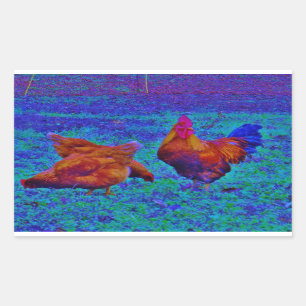 Sticker Rectangulaire Coq et poules arc-en-ciel, bleu électrique
