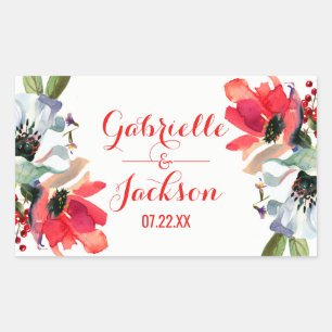 Sticker Rectangulaire Coral Rouge Poppy Floral Mariage Monogramme