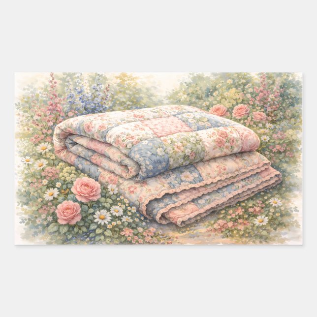 Sticker Rectangulaire Cottagecore Floral Patchwork Quilt Watercolor (Devant)