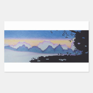 Sticker Rectangulaire Coucher de soleil bleu montagne paysage abstrait p