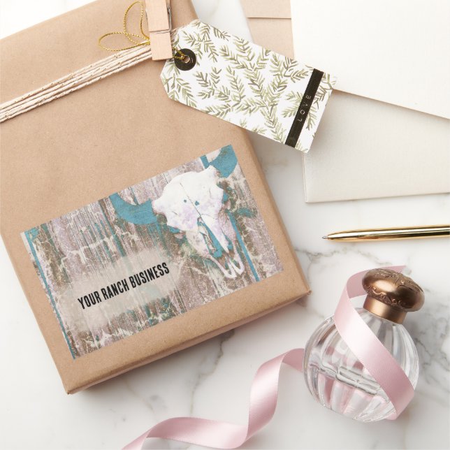 Sticker Rectangulaire Crâne Rustique Western Bull Texture Brown Turquois (Cadeaux)
