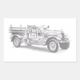 Sticker Rectangulaire croquis au crayon de vieux camion de pompiers dess
