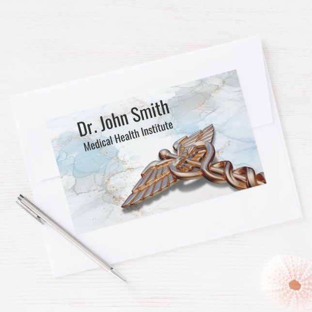 Sticker Rectangulaire Cuivre Médicale Rose Gold Caduceus Marbre de luxe (Enveloppe)