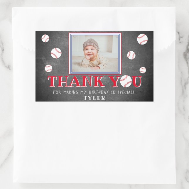 Sticker Rectangulaire Cute Baseball Chalkboard Anniversaire Merci Photo (Sac)