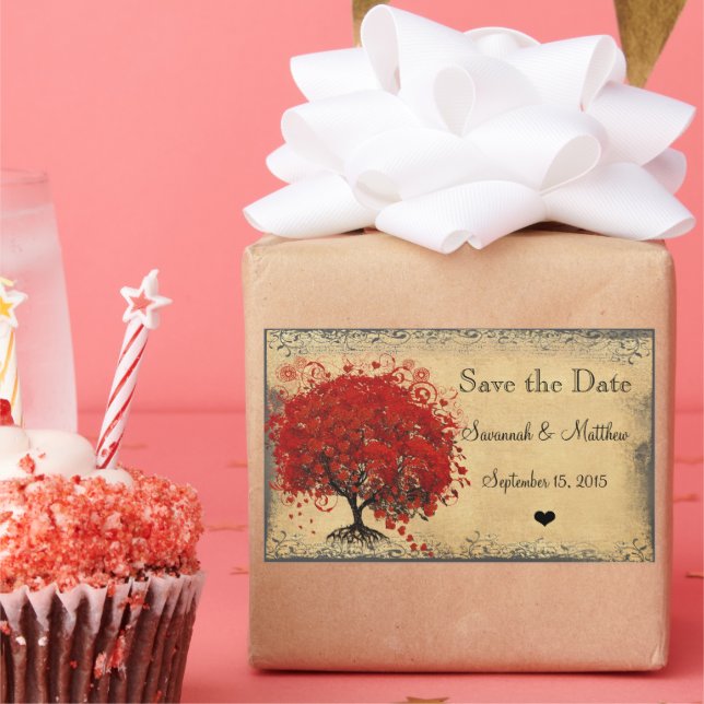 Sticker Rectangulaire Cute Mariages de feuilles de coeur rouge (Fête)