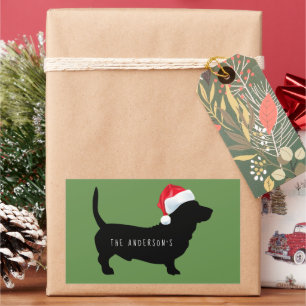 Sticker Rectangulaire Dachshund de Noël chapeau de Père Noël Monogramme