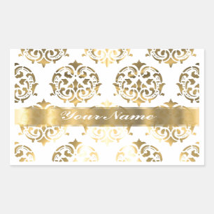 Sticker Rectangulaire Damas blanc et or