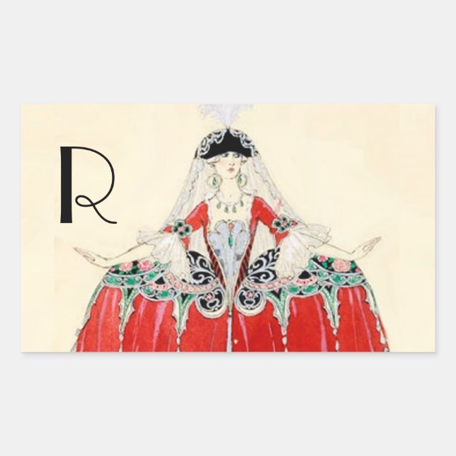 STICKER RECTANGULAIRE DAME EN ROUGE, BEAUTÉ, MODE COSTUME CONCEPTION MON (Devant)