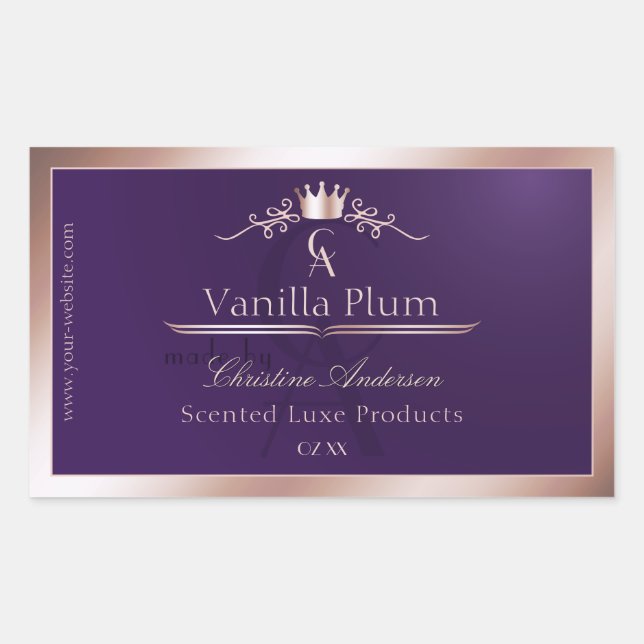 Sticker Rectangulaire Dark Purple Product Label Rose Gold Frame Monogram (Devant)